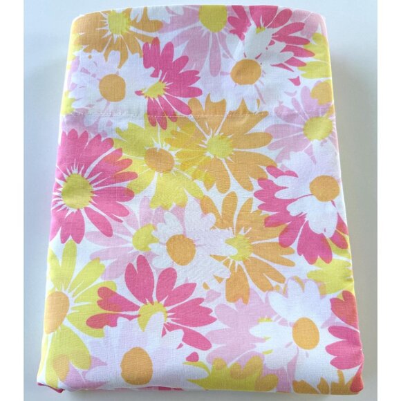 Vintage 70s flat/top bedsheet, pink orange yellow floral, twin size, Pequot - Picture 9 of 9